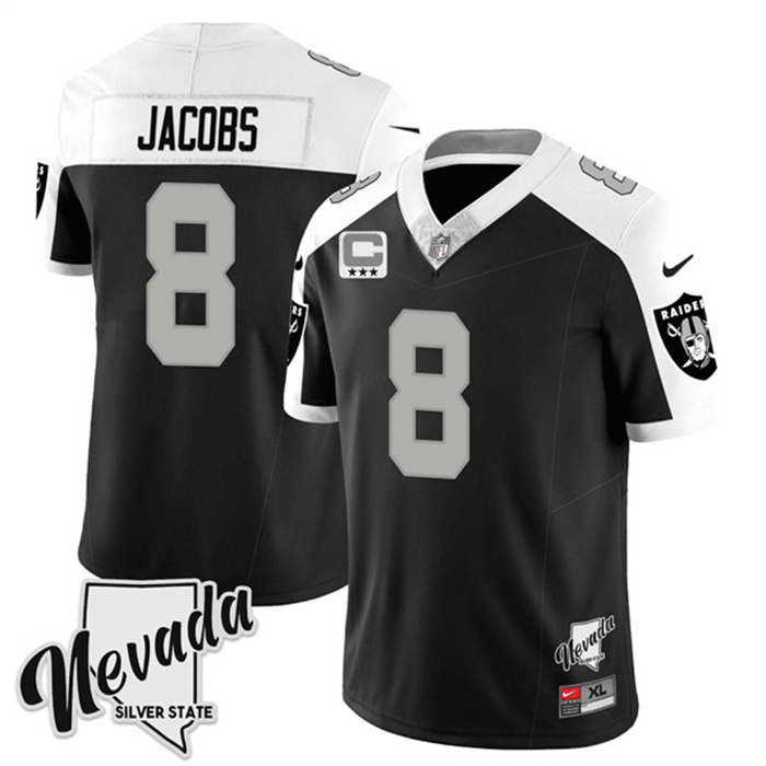 Men's Las Vegas Raiders #8 Josh Jacobs Black/White 2023 F.U.S.E Nevada Silver Stat With 3-Star C patch Stitched Football Jersey
